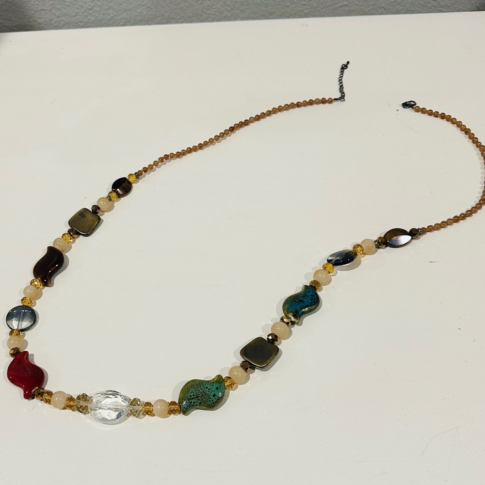Vintage Multi Colored Long Ceramic , Metal Stone & Glass Bead Necklace